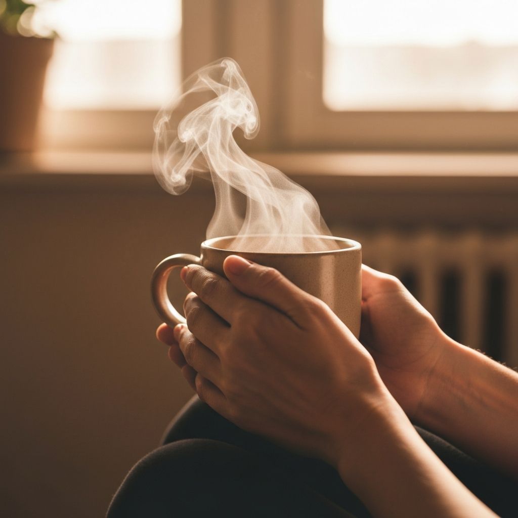 Hands holding warm mug