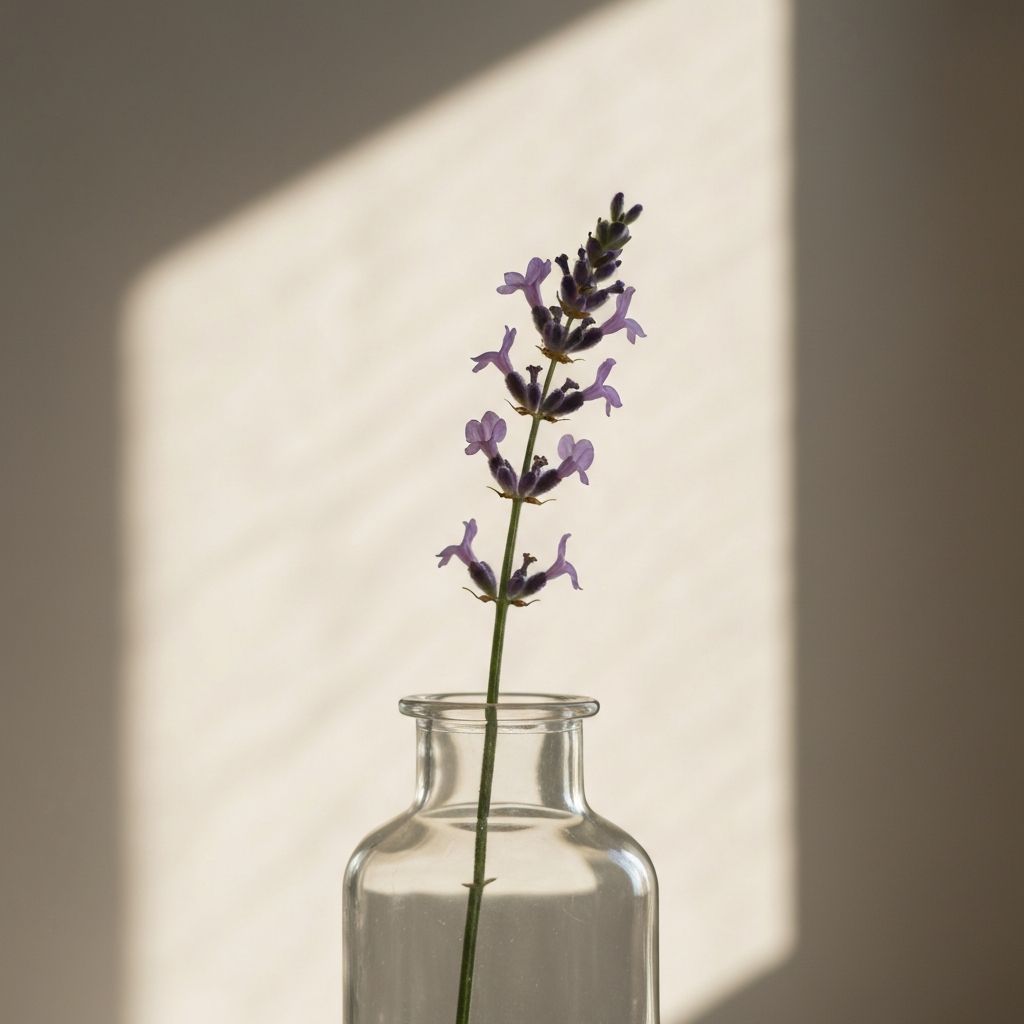 Single flower stem in simple glass vase with natural light